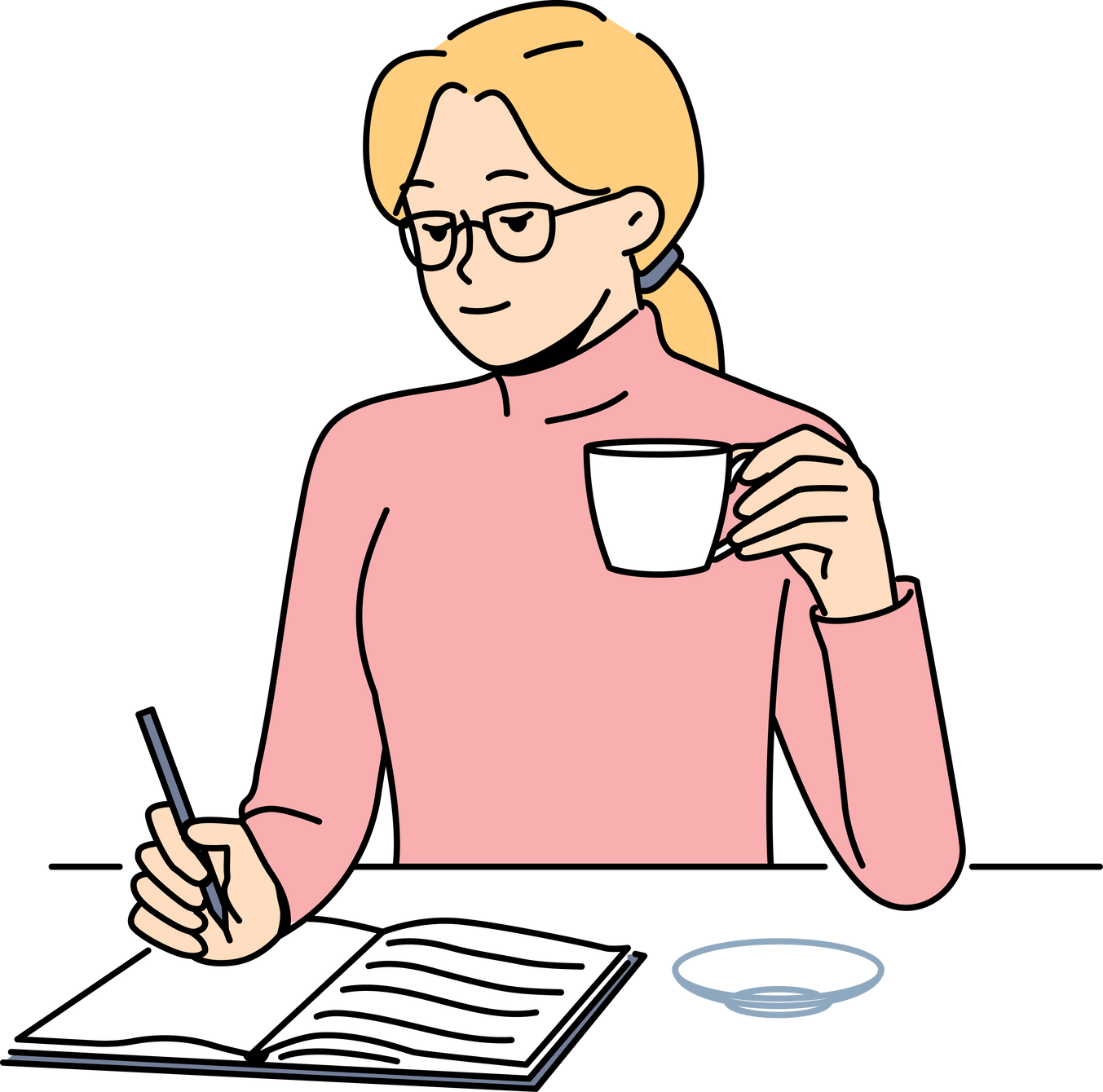 Woman drink coffee write in notebook