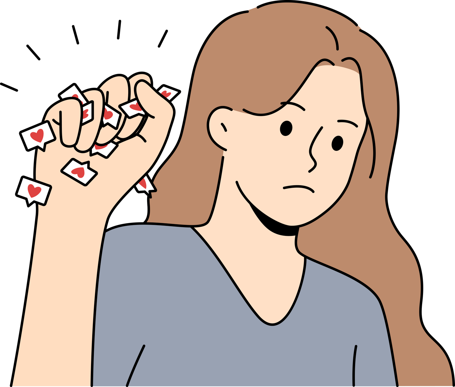 Woman struggles with social media addiction and clenches heart icons in fist 